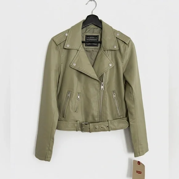 NWT Levi’s Faux Leather Belted Moto Jacket - Sage Green Size S - Picture 2 of 16
